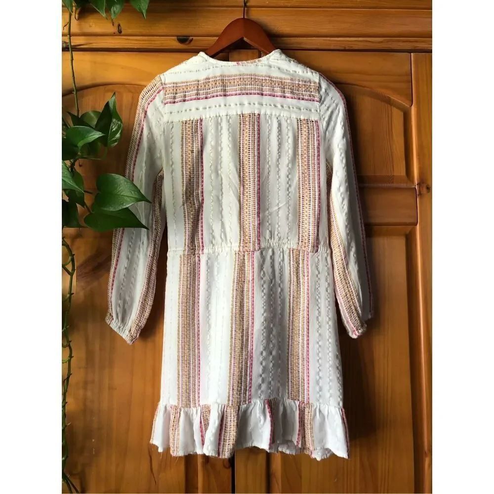 Blue Island Boho Wrap Dress XS Cream Striped Ruffle Hem Rayon - Picture 6 of 13